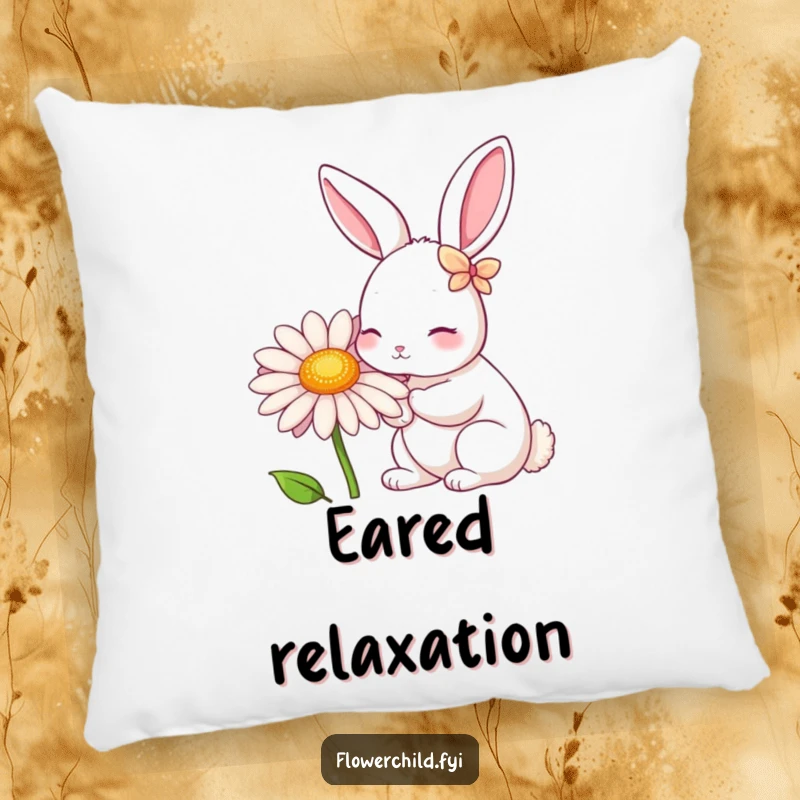 Funny Rabbit Daisy Nibbler Pillow: A rabbit with petal ears nibbling a giant daisy, offering a touch of cute and cozy charm.