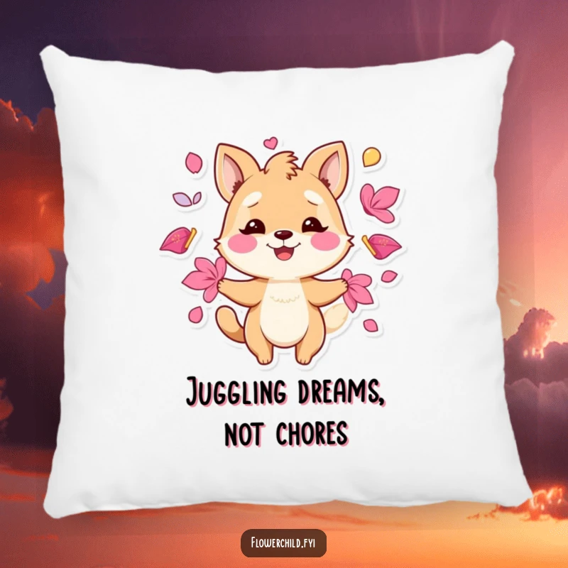 Funny pillow with a playful animal character smiling while juggling a colorful shower of vibrant petals.