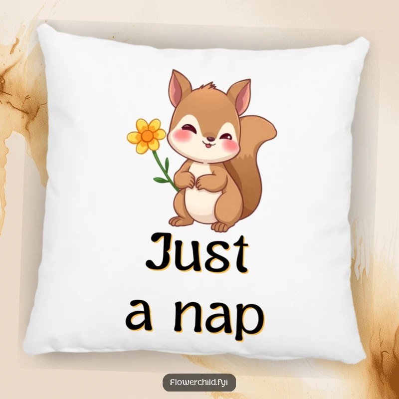 Funny pillow featuring a curious squirrel with a charming flower behind its ear, adding a touch of woodland cuteness to any room.