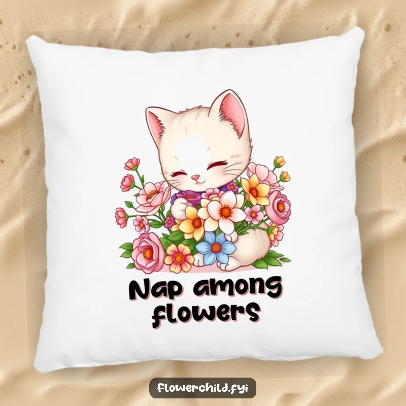 Funny Kitten Pillow: A charming kitten arranges a bouquet on this soft pillow, bringing cozy comfort and sweet floral charm.