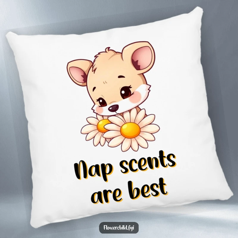 Funny pillow featuring a curious animal character sniffing a large, colorful daisy, adding a touch of playful nature.