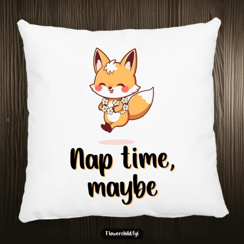 Funny Fox Pillow, soft and inviting, depicting a happy fox skipping with a daisy chain, ideal for comfort and decor, a great funny gift.