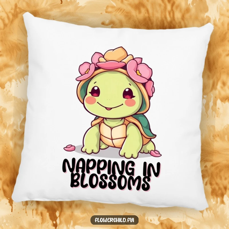 Funny smiling turtle character with a petal-covered shell, featured on a soft and decorative humorous pillow.