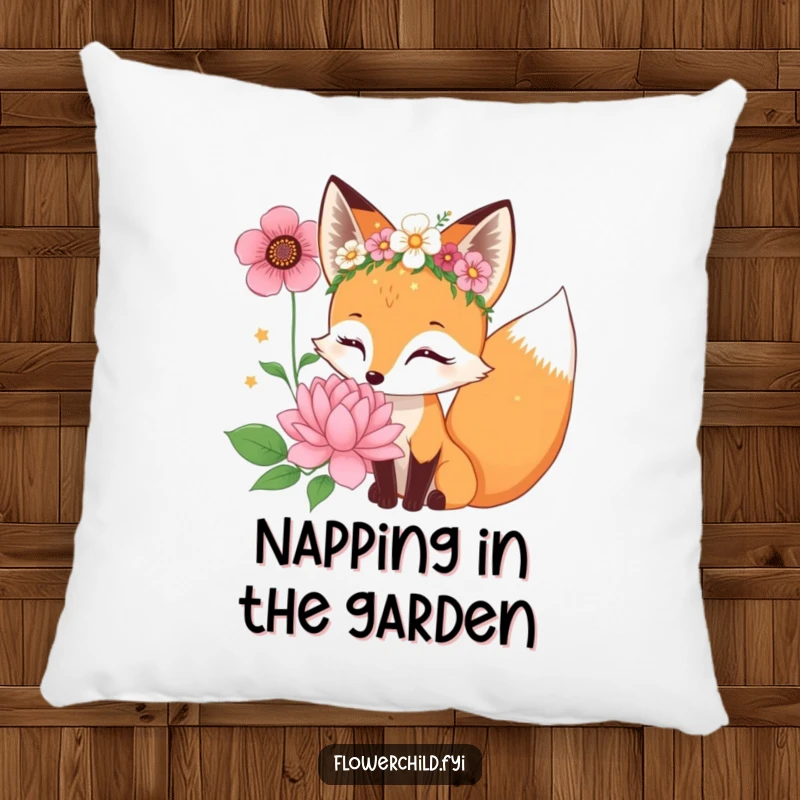 Funny curious fox character wearing a flower crown, sniffing a giant bloom, a plush pillow for comfort.