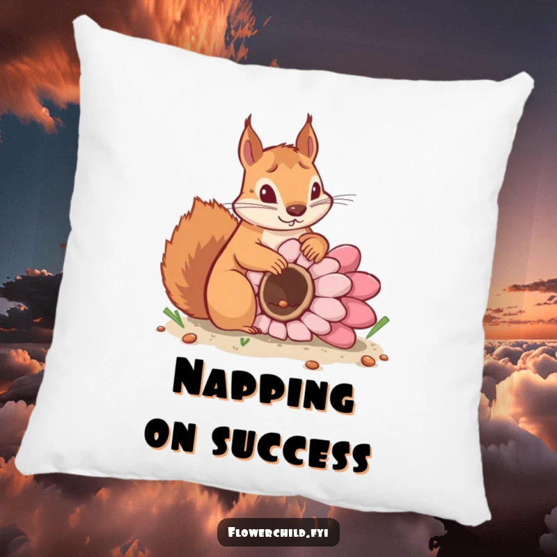 Funny pillow featuring a determined squirrel planting a giant flower seed, adding comfort and motivational charm.