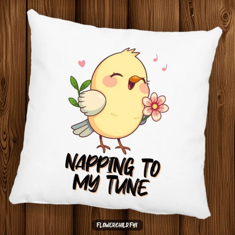 Funny birdsong melody throw pillow, a happy bird with a flower behind its ear singing.