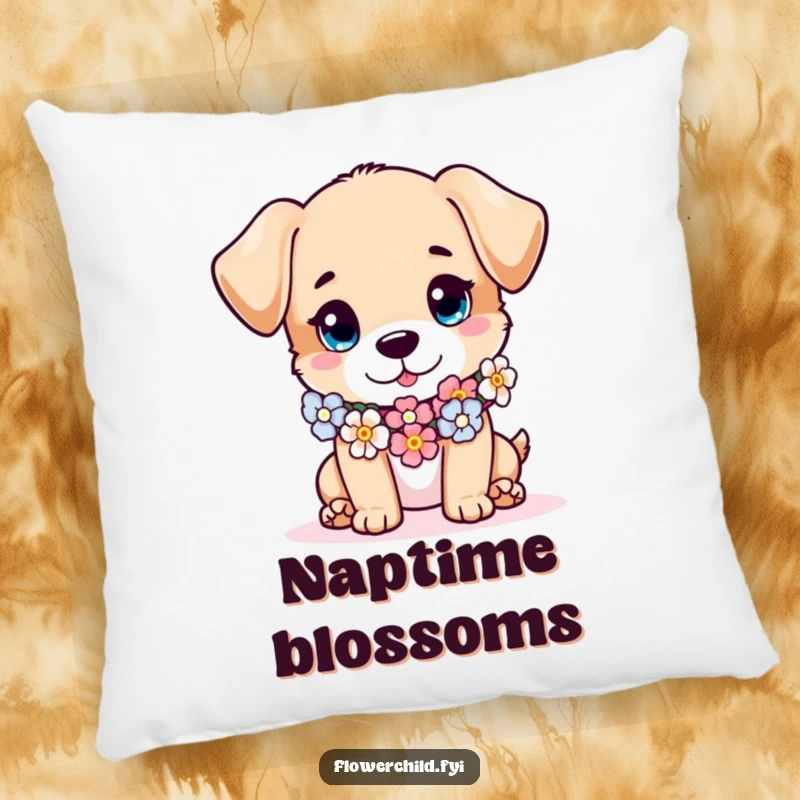 Funny puppy pillow, a mischievous puppy character wearing a flower garland as a scarf, soft and decorative cushion for pet lovers.