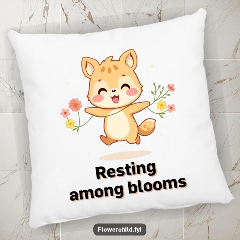 Funny pillow design of a happy animal character joyfully skipping with a string of colorful flowers, symbolizing happiness and cheer.