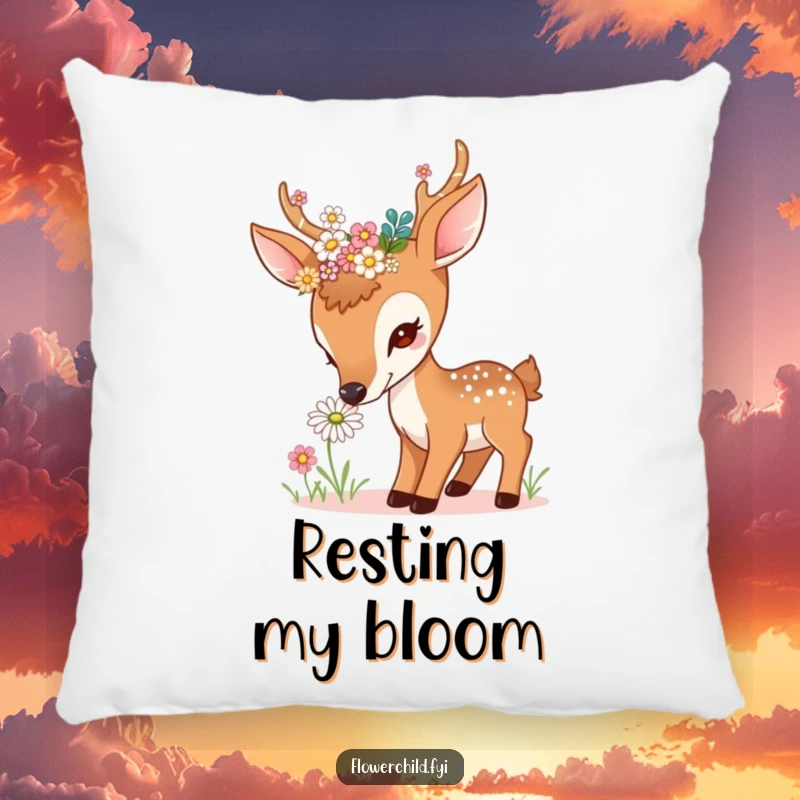 Funny curious deer pillow, adorned with flowers in antlers, sniffing a daisy, soft and comforting decor, ideal funny gift.