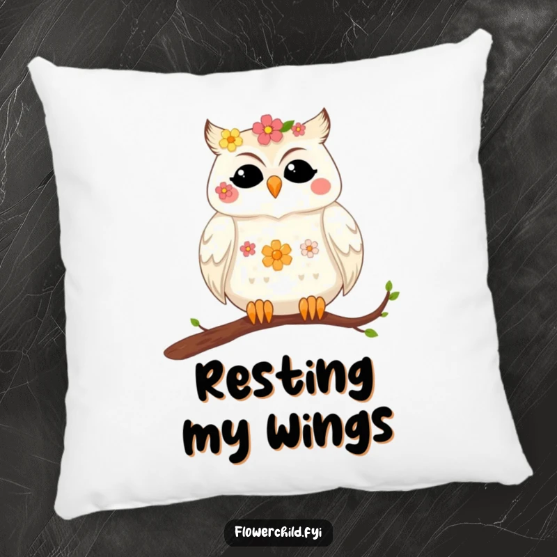 Soft, funny pillow depicting a contented owl with flowers in its feathers resting on a branch, adding serene charm.