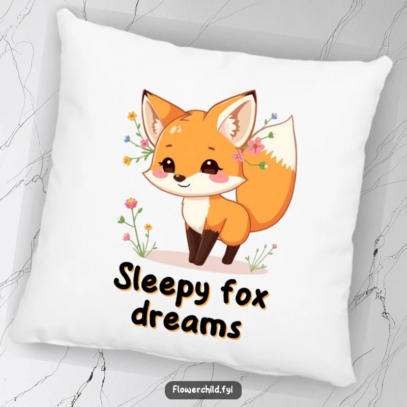 Funny fox pillow, adorned with wildflowers behind its ear, dancing playfully, soft and comforting decor, ideal funny gift.