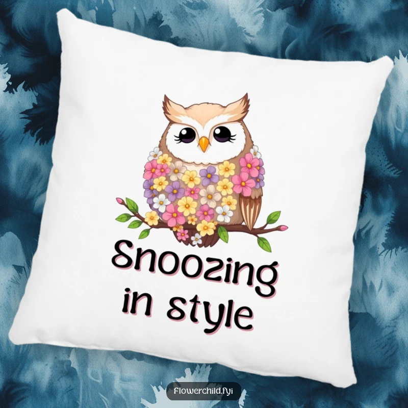 Funny and plush pillow with a contented owl wearing a flower feather boa, resting on a branch.