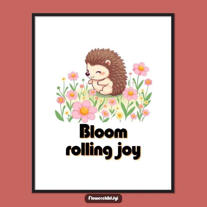 Funny Hedgehog Rolling Flowers Digital Print: Instant Whimsical Wall Art