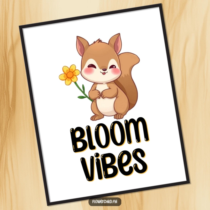 Funny digital art print of a curious squirrel with a flower behind its ear, offering whimsical woodland charm for instant wall decor.
