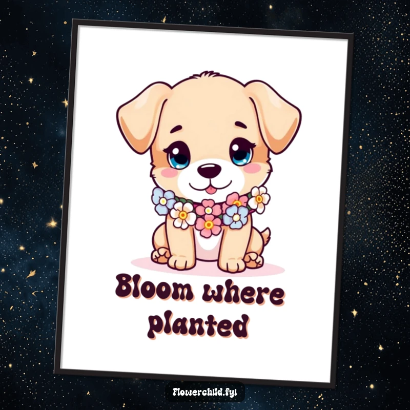 Funny puppy digital art print, a mischievous puppy character wearing a flower garland as a scarf, adorable and charming wall art, instant download.