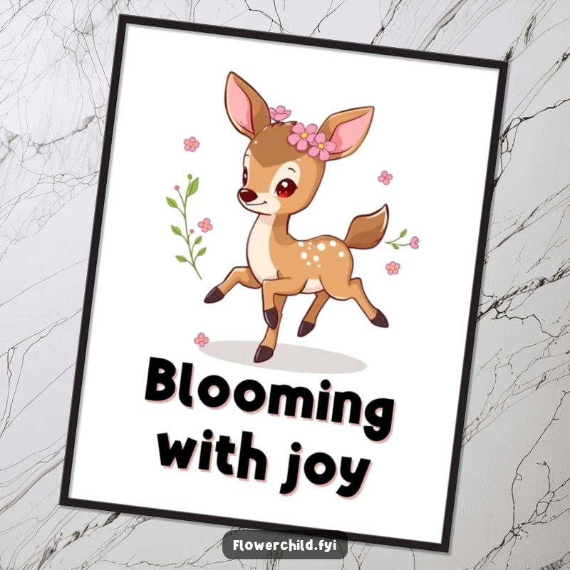 Funny prancing deer digital art print, a little deer with flowers in its fur, joyfully leaping, perfect for whimsical and humorous decor.