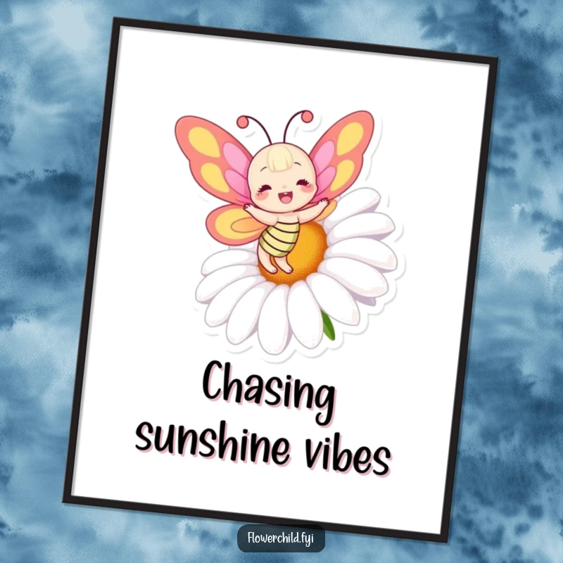 Funny digital art print of a joyful butterfly with colorful wings dancing ecstatically around a large, blooming daisy.