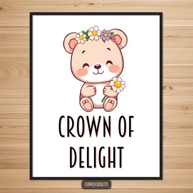 Funny bear cub digital art, a cheerful bear cub with a flower crown holding a daisy, symbolizing innocence and natural beauty.