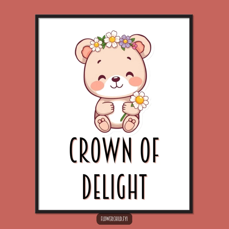 Funny Bear Cub Flower Crown Digital Art - Whimsical Woodland Decor