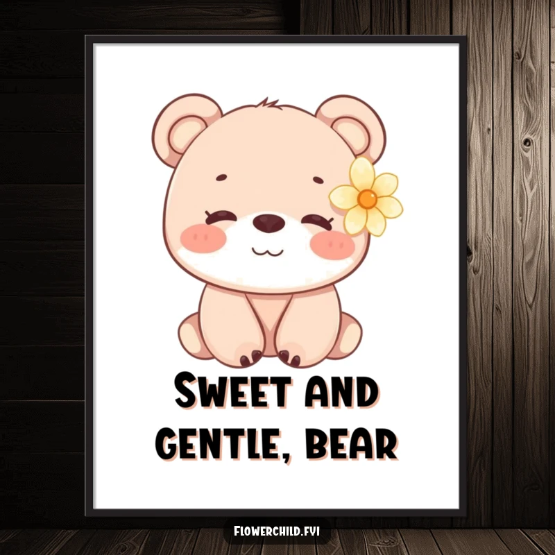 Funny Bear Cub Flower Digital Art Print: Instant download art of a gentle bear cub with a flower.