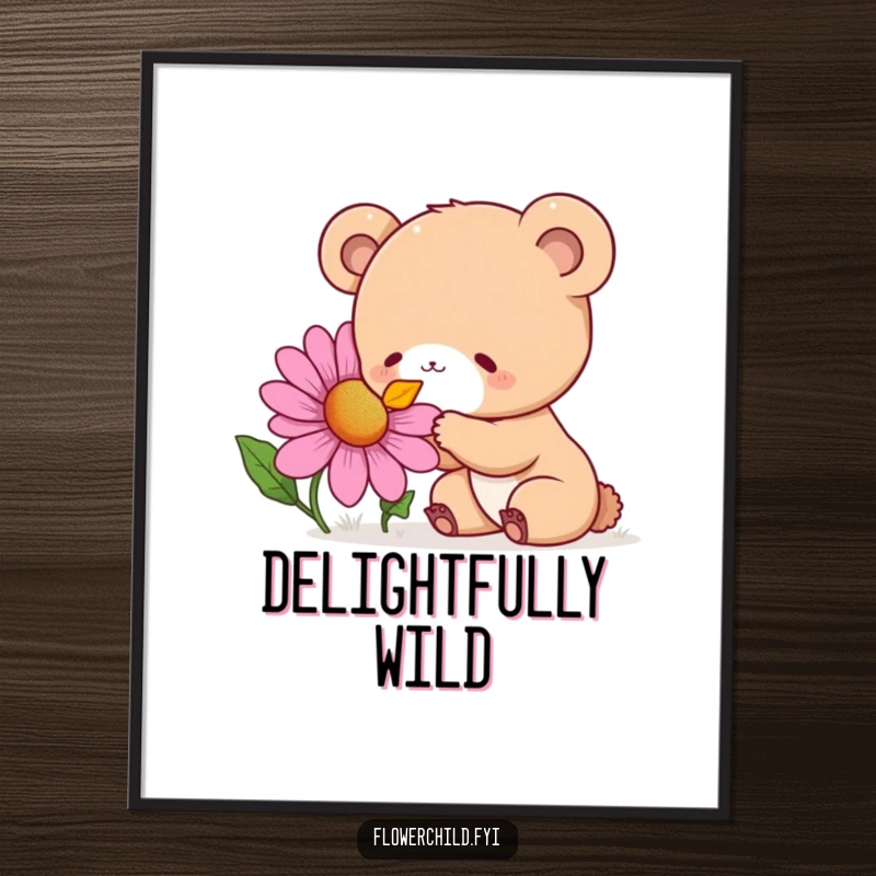 Funny Digital Art Print of a curious bear cub character delightedly sniffing a giant, colorful wildflower, available for download.