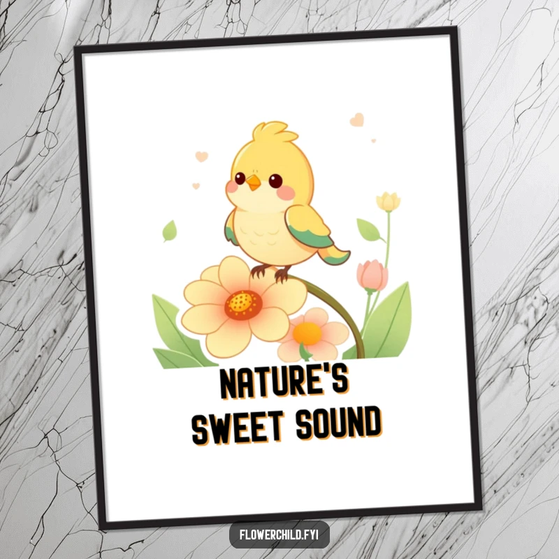 Funny happy bird character perched on a singing flower, high-resolution digital art print for humorous decor.
