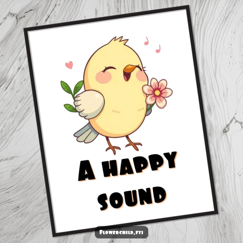 Funny birdsong digital art print, a happy bird with a flower behind its ear singing.
