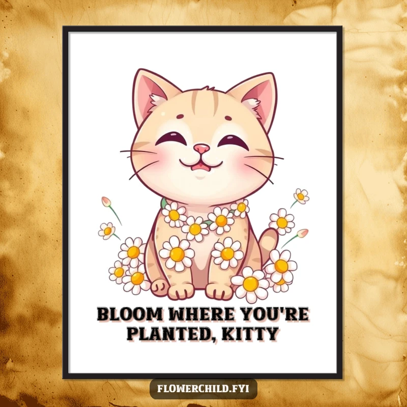 Funny Cat Daisy Chain Digital Art Print: Instant download art of a smiling cat with a daisy chain.