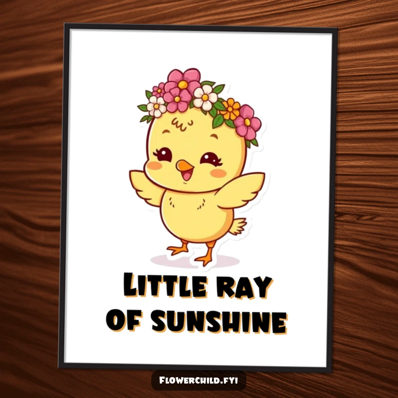 Funny digital art print of a happy chick in a flower crown, dancing with pure delight, ready for download.