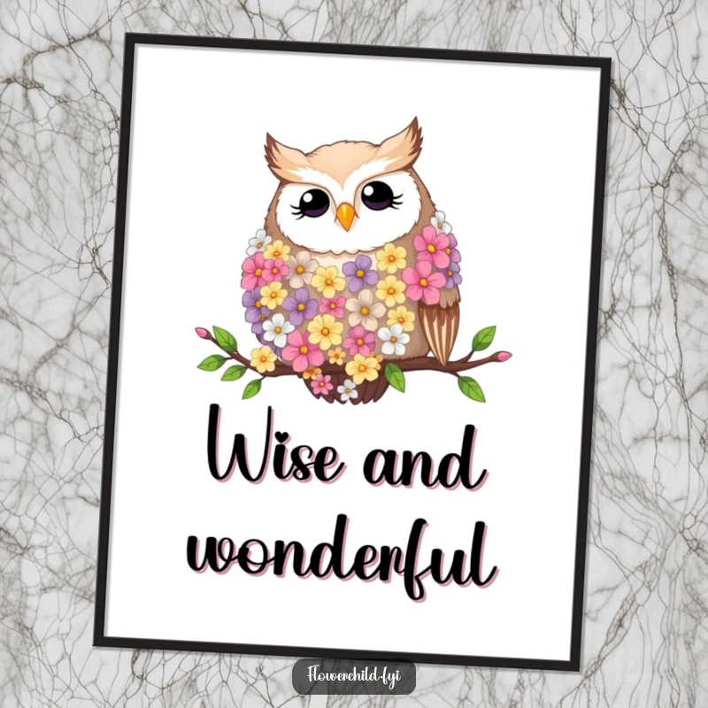 Funny contented owl wearing a flower feather boa, resting on a branch, digital art print.