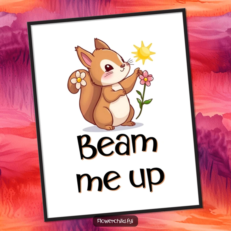 Funny squirrel digital art, a curious squirrel with a flower behind its ear reaching for a sunbeam, symbolizing curiosity and natural beauty.