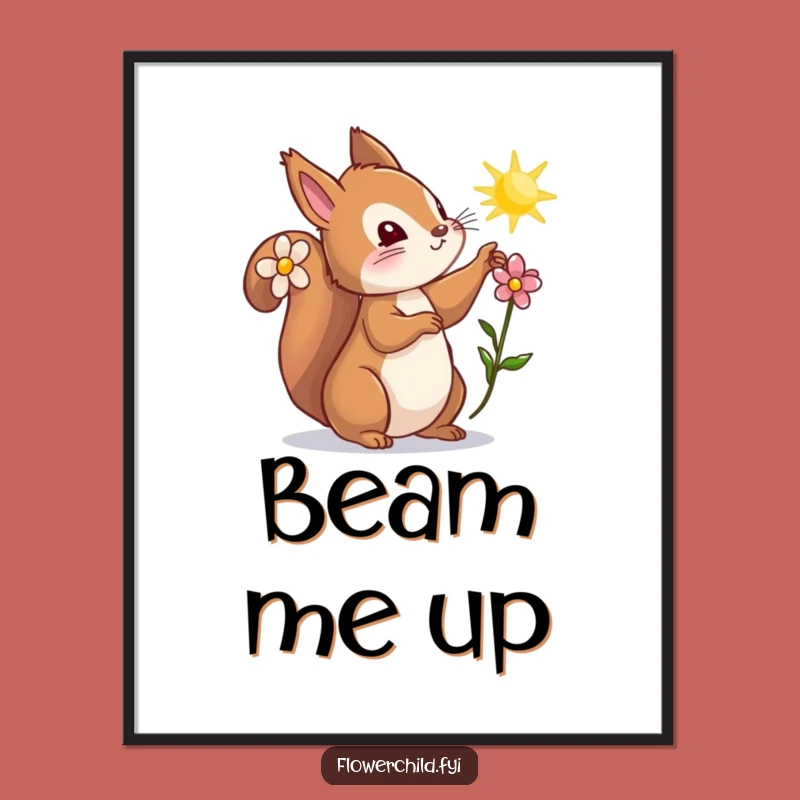 Funny Curious Squirrel Flower Digital Art - Whimsical Nature Decor