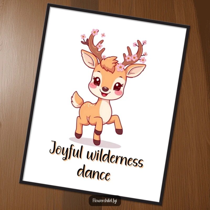 Smiling deer character with blossoms on its antlers, prancing playfully, presented as a high-resolution digital art print.