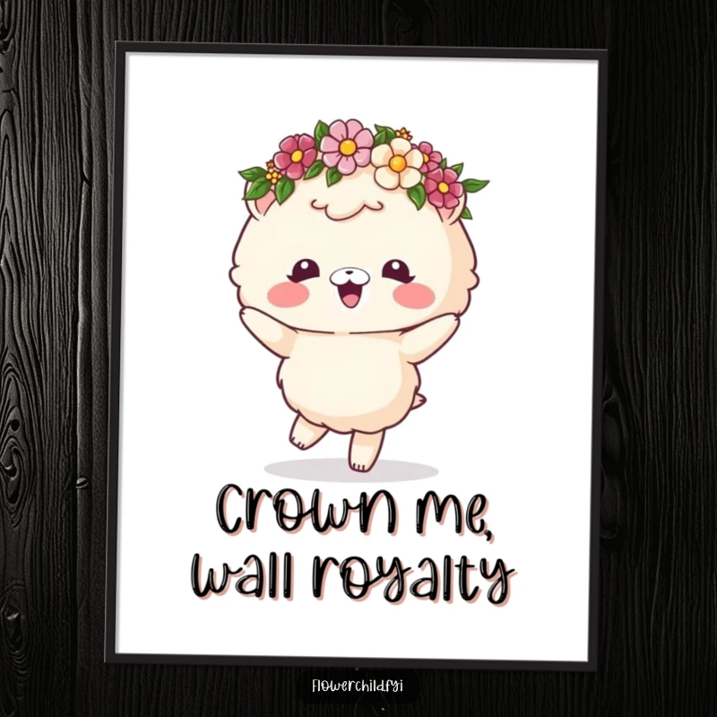 Funny digital art print of a fluffy animal wearing a flower crown, dancing with pure elation, ready to frame.