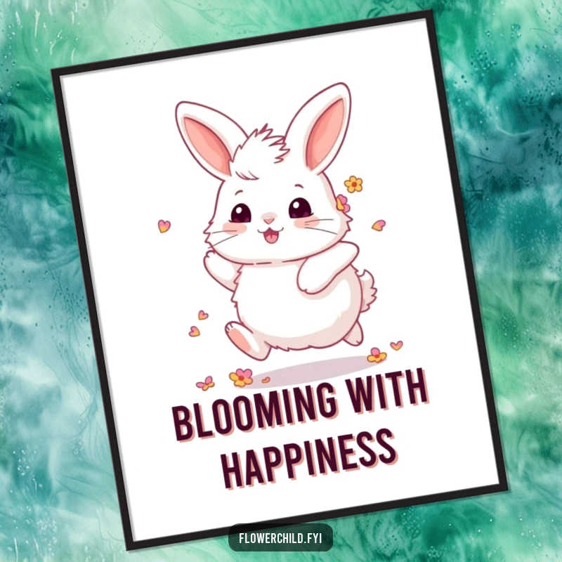 Funny Fluffy Bunny Digital Art: High-resolution download of a fluffy bunny with flower petals in its fur, skipping joyfully through a meadow.