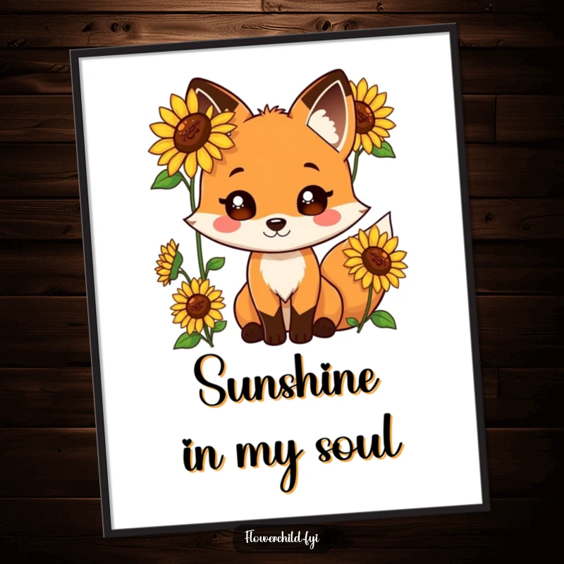 Funny digital art print of a playful fox character with sunflowers growing out of its fur.