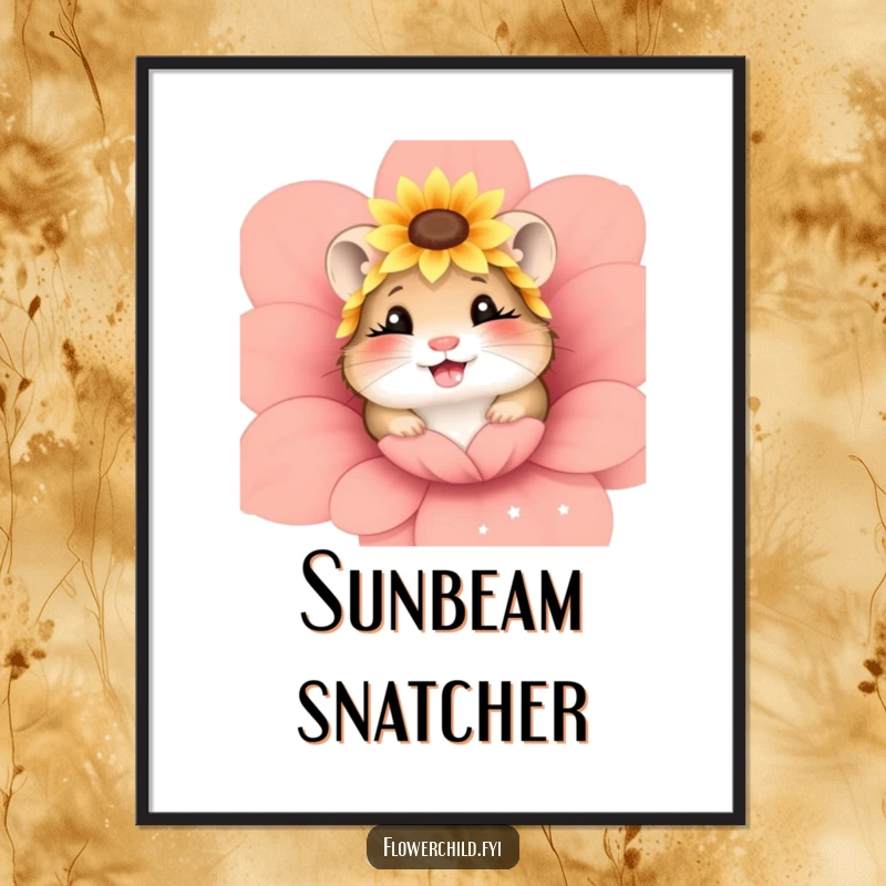 Funny giggling hamster wearing a sunflower headpiece peeking from a flower, digital art print for instant download.