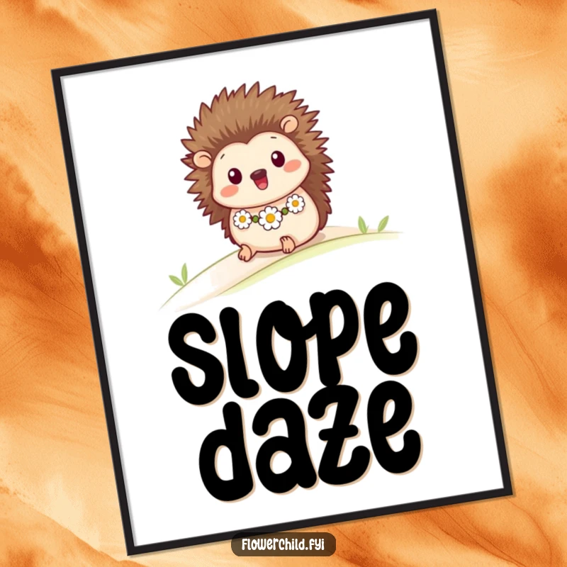 Funny printable art of a happy hedgehog wearing a daisy chain, rolling down a gentle slope, capturing pure happiness.