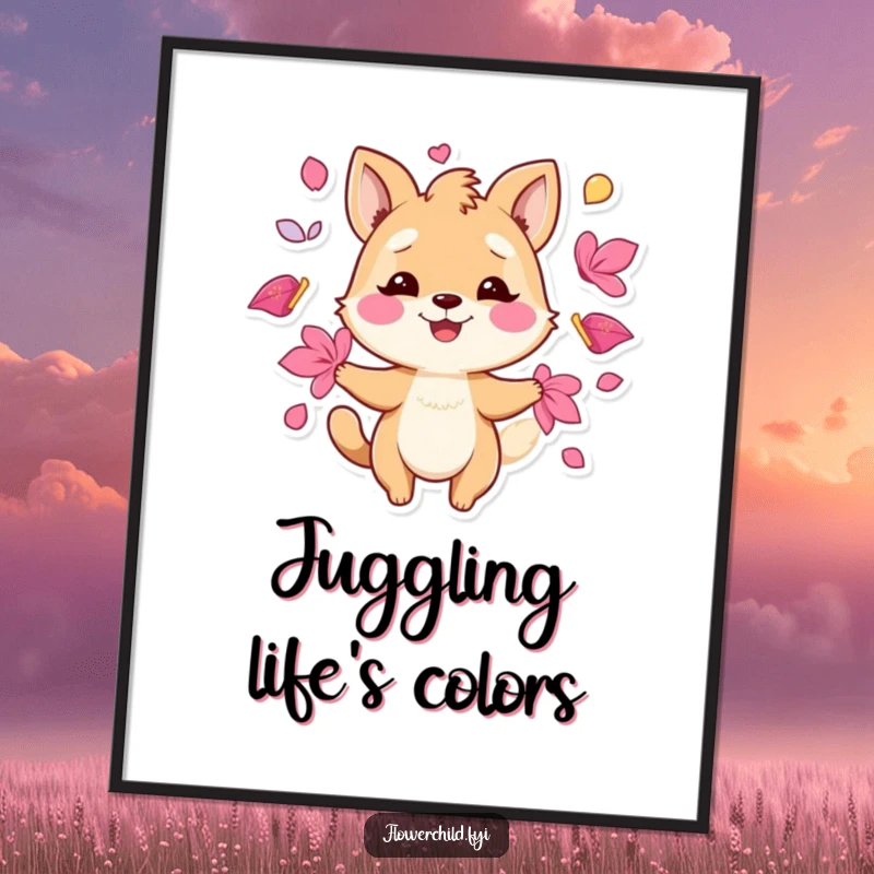 Funny digital art print of a playful animal character juggling a colorful cascade of vibrant petals, ready to frame.