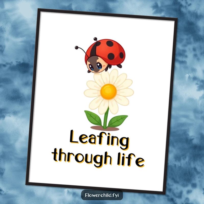 Funny ladybug digital art print of a curious ladybug intently observing a blooming daisy, perfect for adding a touch of nature's humor.