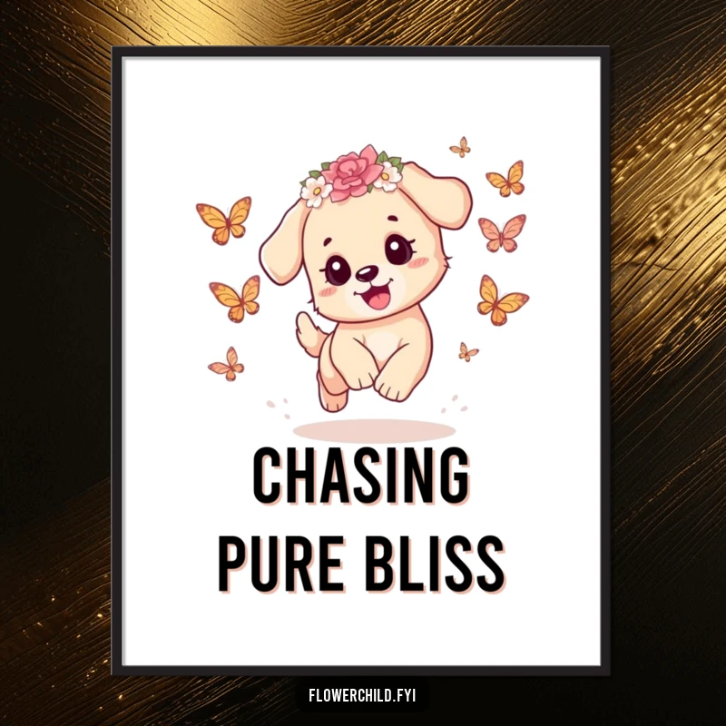 Funny Puppy Digital Art: A playful puppy with a flower crown chases butterflies, creating adorable and humorous printable wall art.
