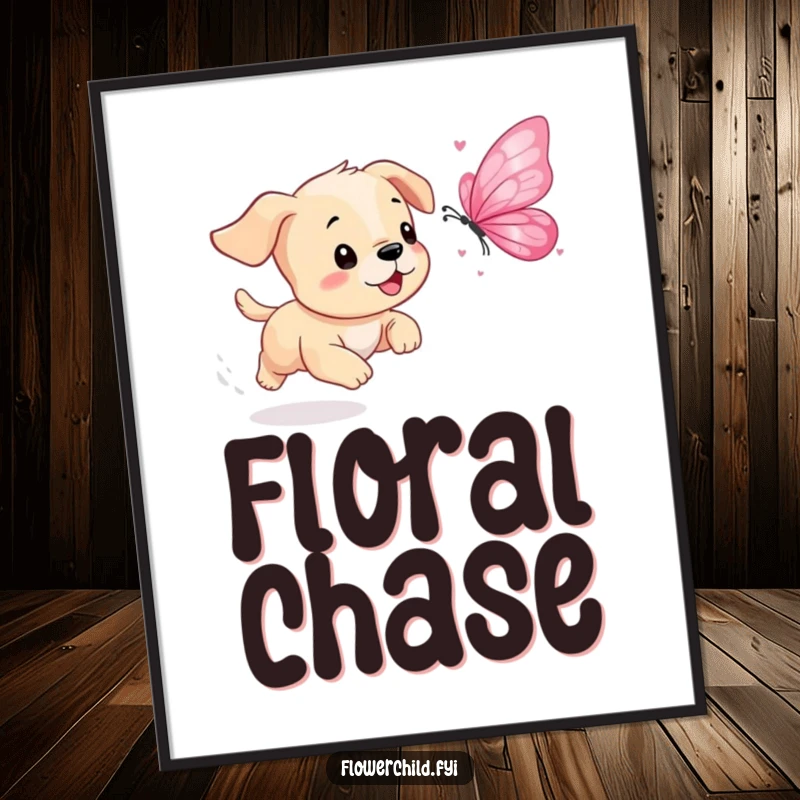Funny Puppy Petal Butterfly Digital Art: A playful puppy chases a fluttering butterfly made of flower petals, full of energy and joy.