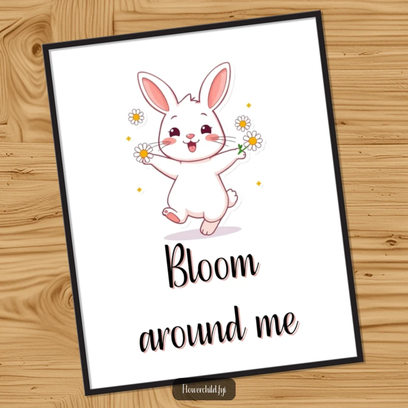Funny Digital Art Print of a cheerful rabbit character twirling happily with daisies, available for instant download.