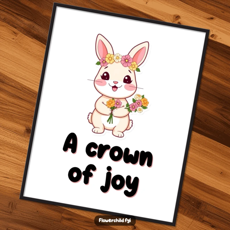 Funny digital art print of a happy rabbit wearing a flower crown and holding a beautiful bouquet.