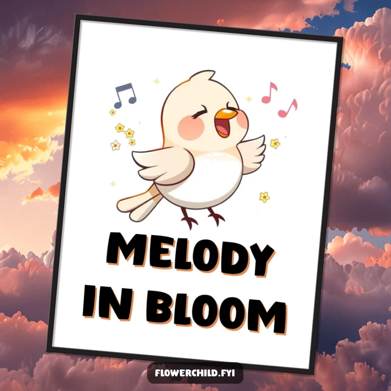 Funny Singing Bird Flower Wings Digital Art: A happy bird with small flowers on its wings sings a cheerful tune, full of melody.