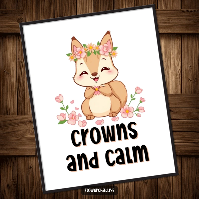 Funny Digital Art Print of a cute squirrel wearing a flower crown, happily gathering petals, available for instant download.