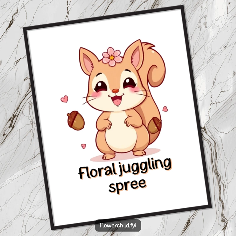 Funny Squirrel Petals Digital Art Print: A beaming squirrel adorned with petals joyfully juggles acorns in a funny, charming style.