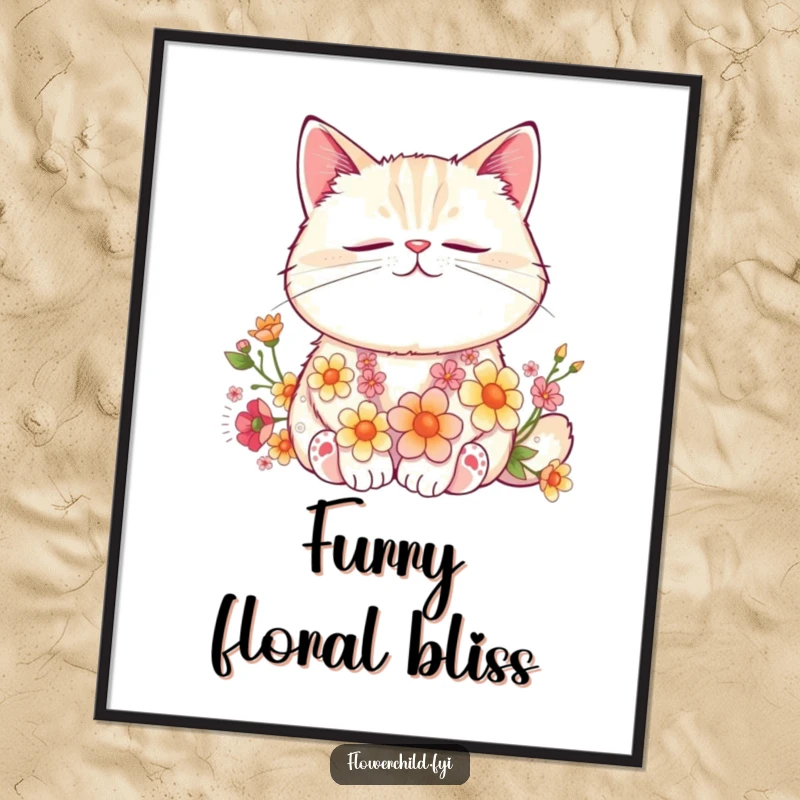 Funny Cat Flower Nap Digital Art: A contented cat peacefully naps with flowers woven into its fur, creating a serene visual.