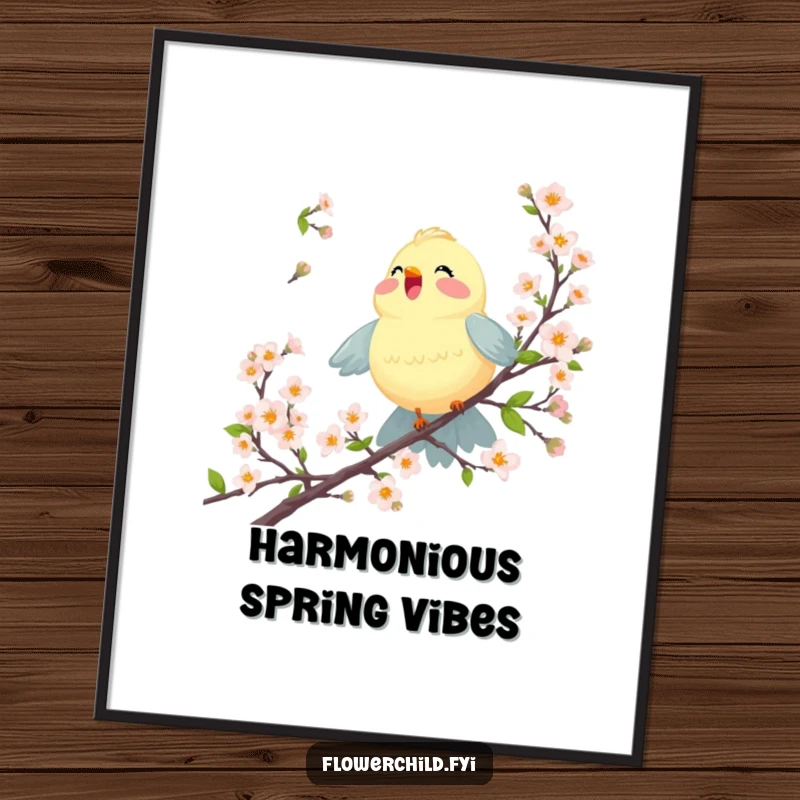 Funny digital art print of a joyful bird singing among blossoming branches, ideal for instant download and cheerful wall decor.