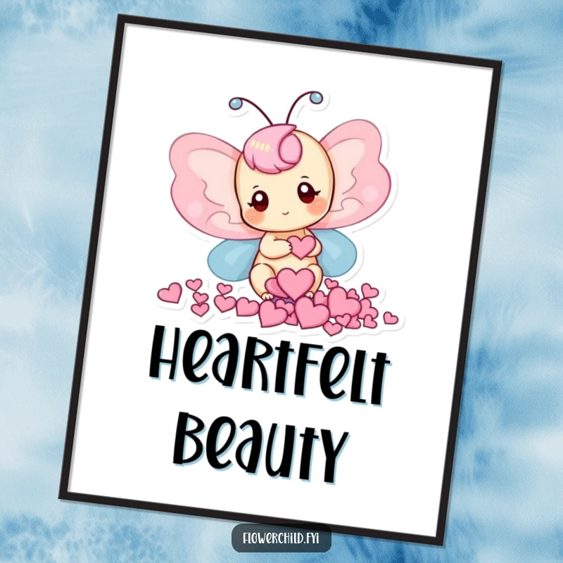 Funny digital art print of a delightful butterfly collecting heart-shaped petals, ready for download.